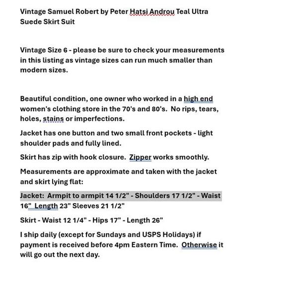 Vintage Samuel Robert by Peter Hatsi Androu Teal Ultra Suede Skirt Suit - Picture 4 of 12